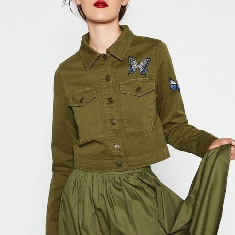 Zara military green cropped jacket w/ butterfly